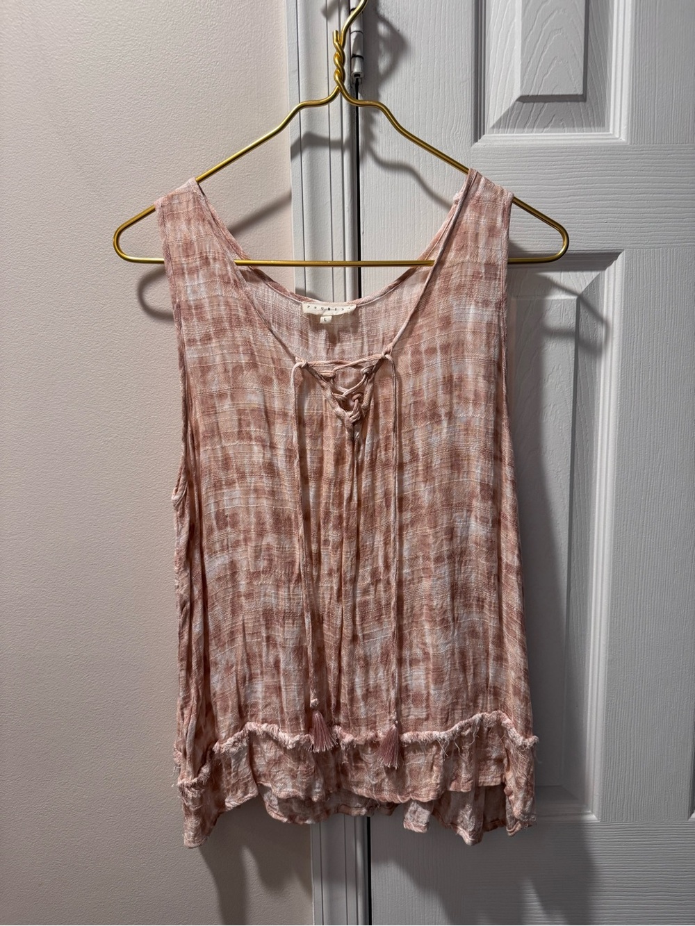 Promesa Blush Pink Boho Lace Up Tassel Tank Top Large